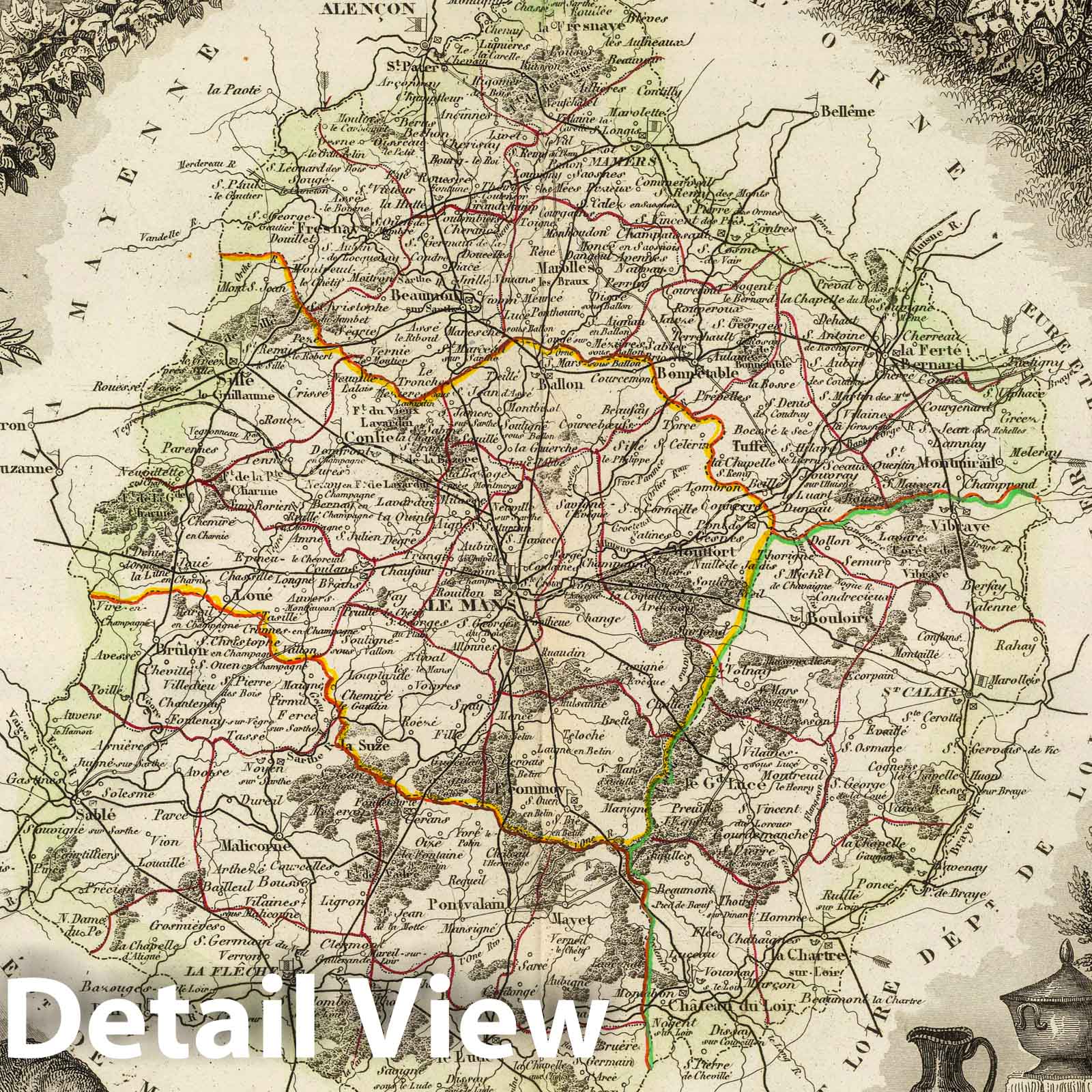 Sarthe, France - Road Map, 1856 - Historical Map Print