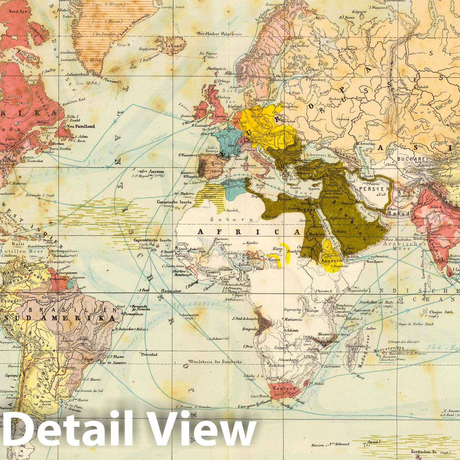 World - Trade and Colonial Routes, 1864 - Historical Map Print