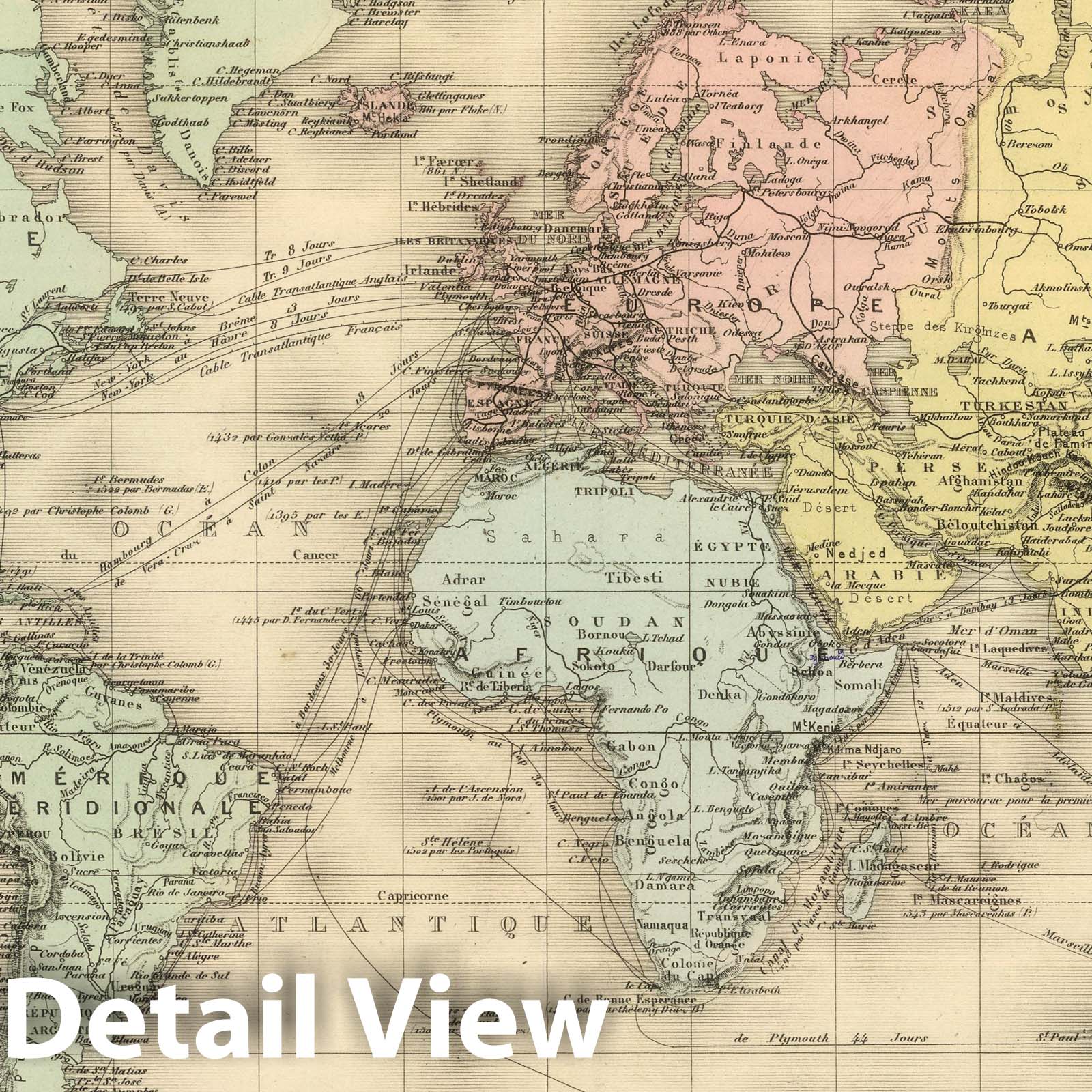 Planisphere - Railroad Map, 1892 - Hand-Colored Historical Map Print
