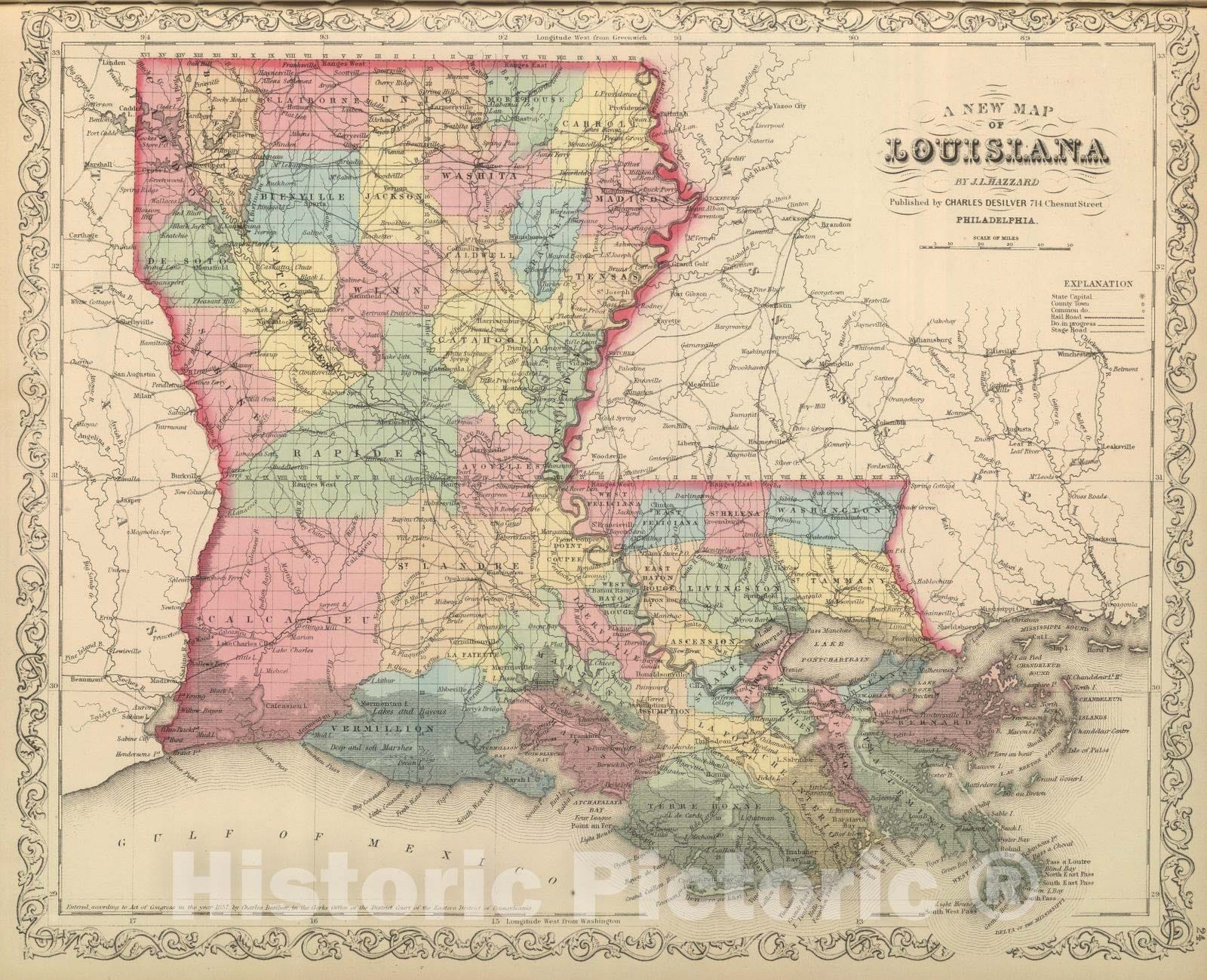 Louisiana - Railroad Map, 1859 - Historical Map Print