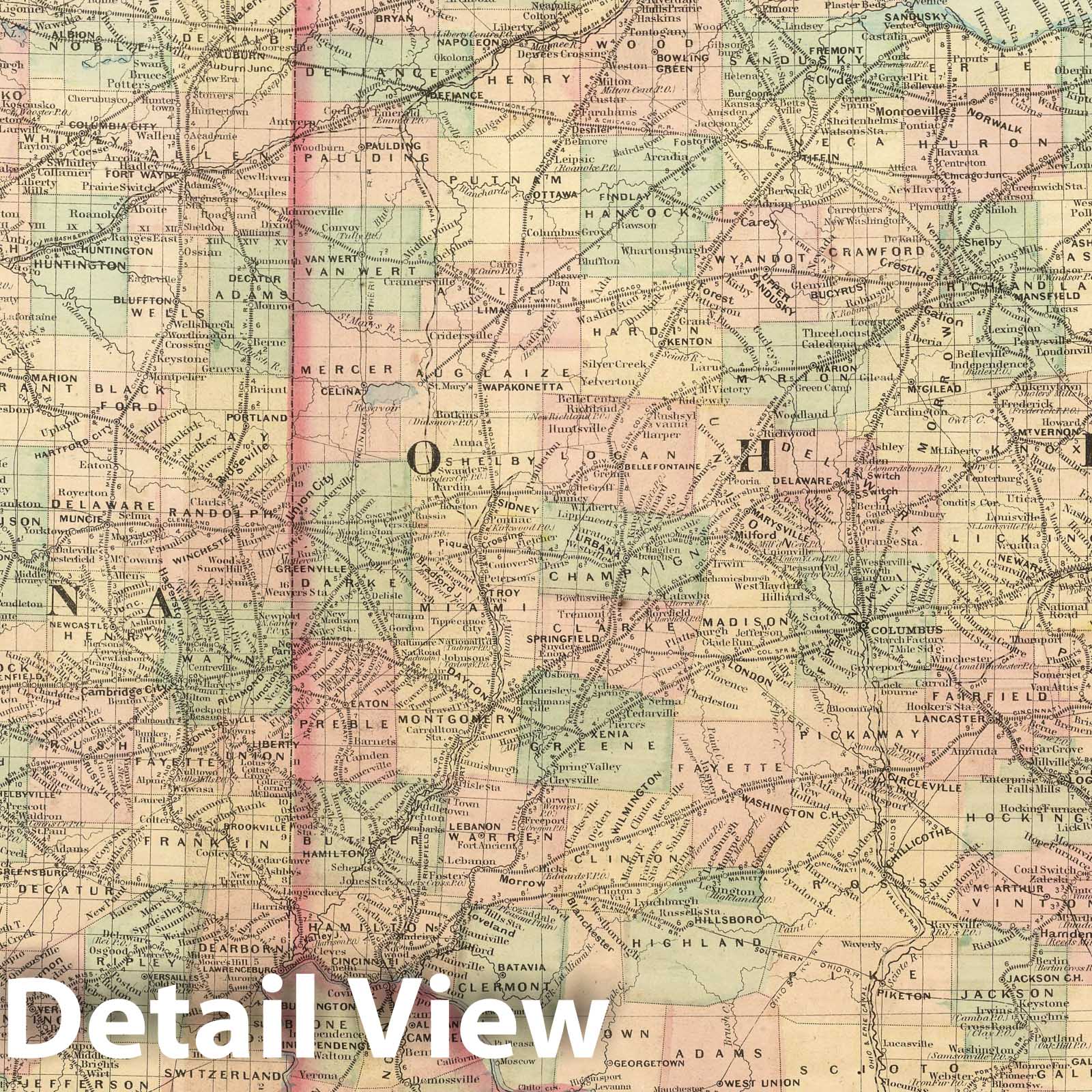 Ohio and Indiana Railroad Map, 1875 - Asher & Adams Atlas Print