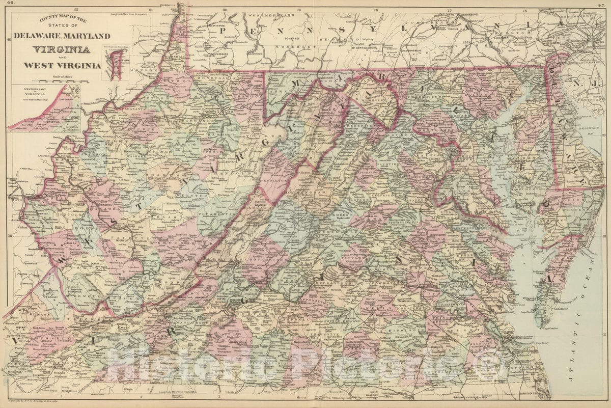 Historic Map : Delaware, 1884 Del, Md, Va, W. Va. , Vintage Wall Art
