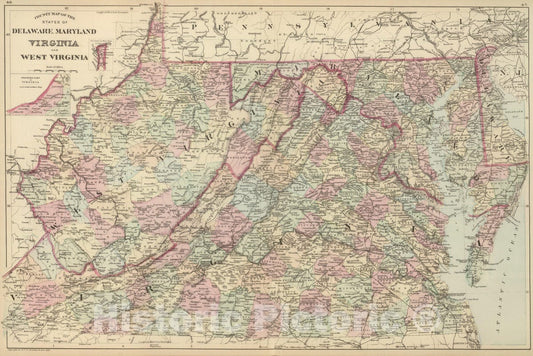 Historic Map : Delaware, 1884 Del, Md, Va, W. Va. , Vintage Wall Art