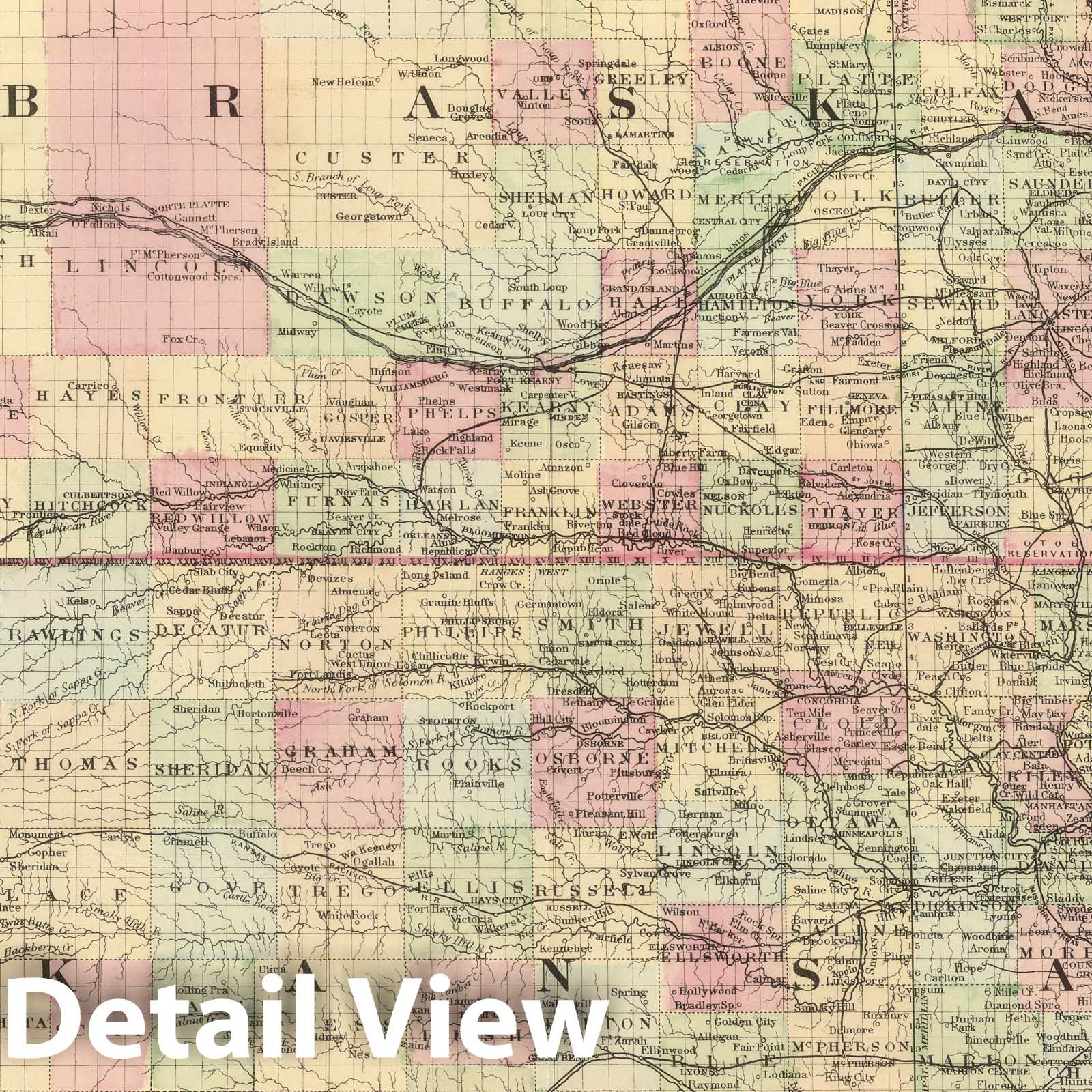 Kansas and Nebraska - Railroad Map, 1884 - Historical Map Print