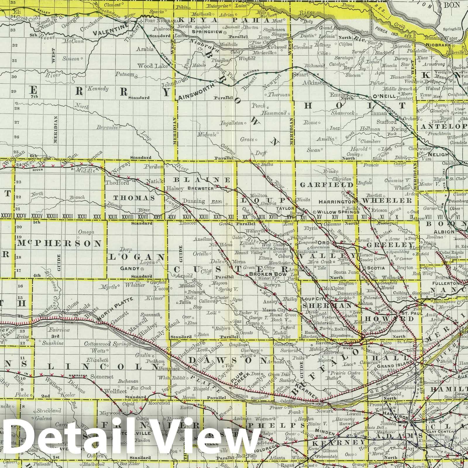 Nebraska - Railroad Map, 1889 - Historical Map Print