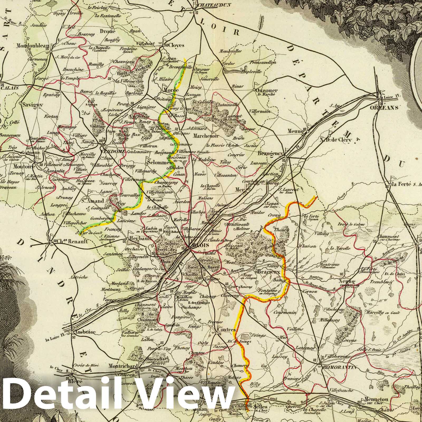 Loir and Cher Department, France - Railroad Map, 1856 - Historical Map Print