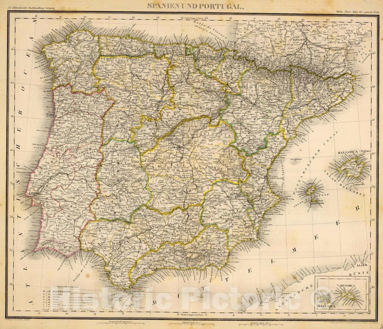 Historic Map : Portugal; Spain, 1865 Spanien u. Portugal. , Vintage Wall Art