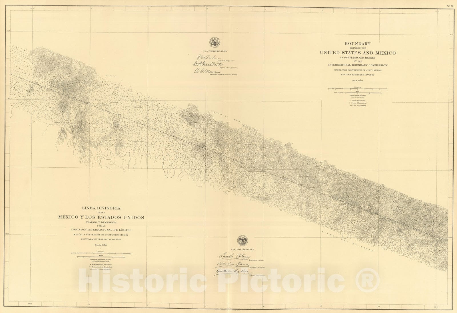 Historic Map : Mexico, Northern Mexico 1901 Linea Divisoria Entre Mexico Y Los Estados Unidos. No. 9. , Vintage Wall Art