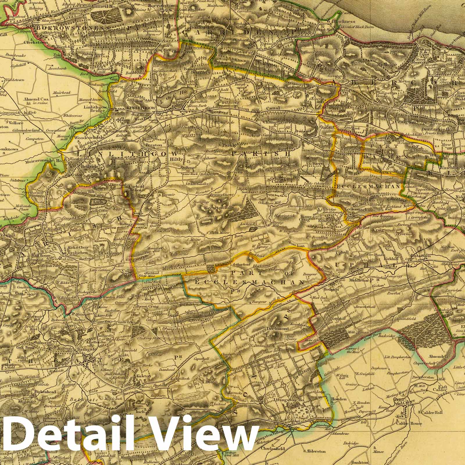 Linlithgowshire, Scotland - Road Map, 1832 - Historical Map Print