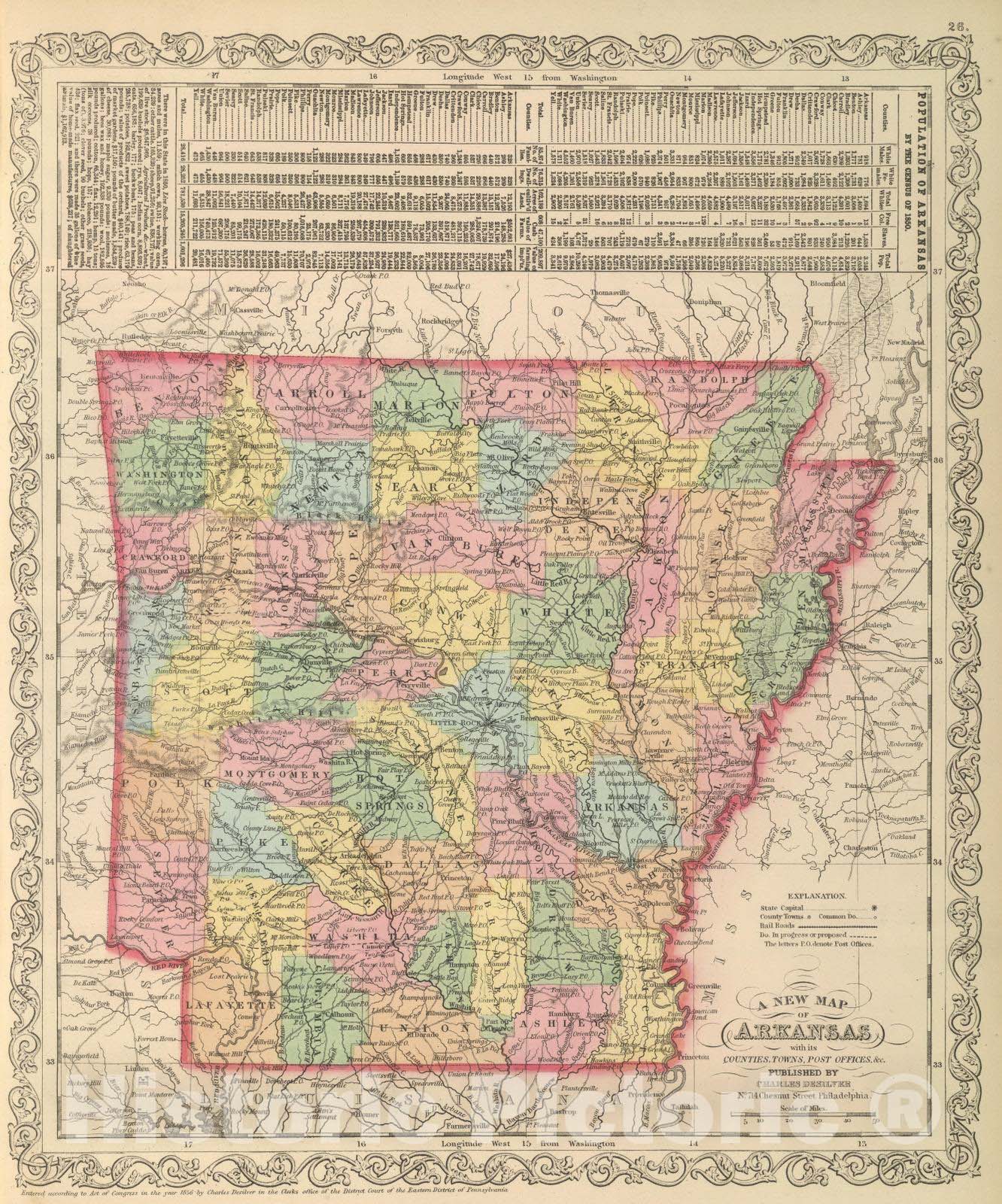 Historic Map : 1859 Arkansas. v1 - Vintage Wall Art