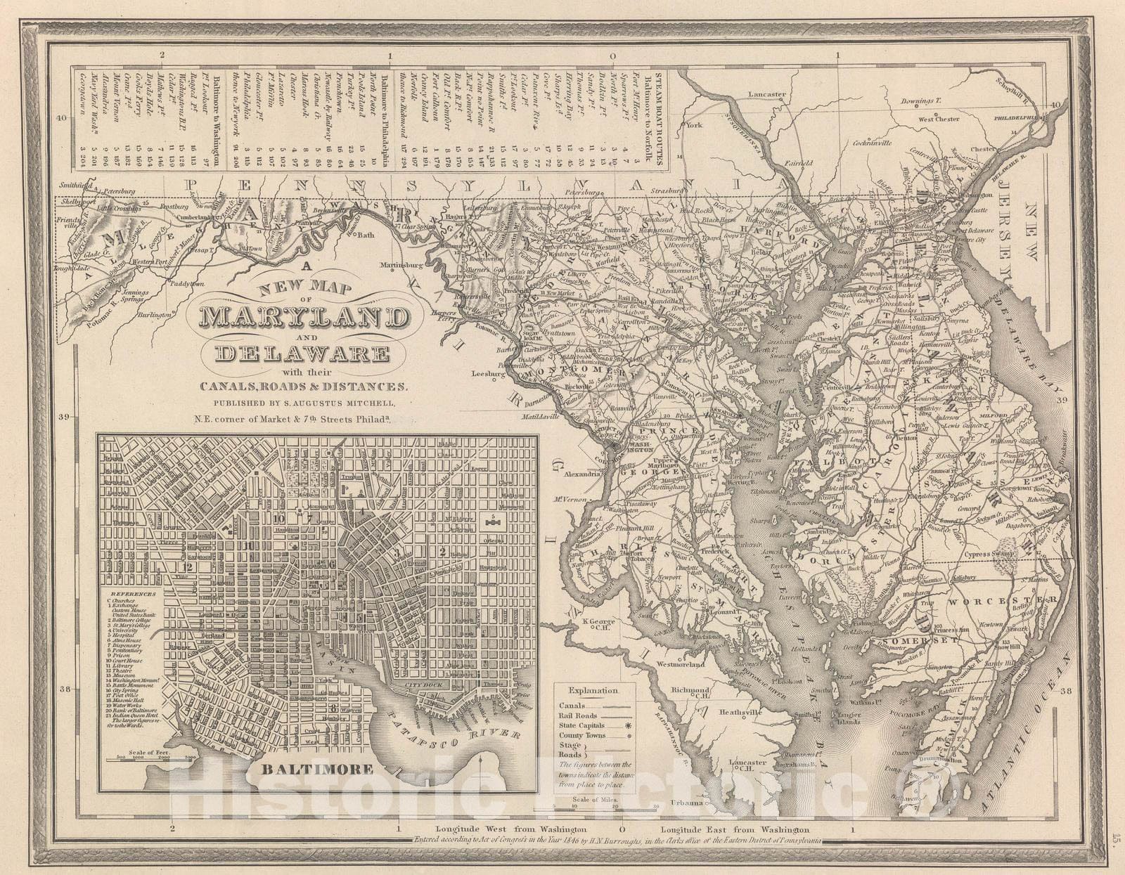 Historic Map : 1848 Maryland and Delaware. - Vintage Wall Art
