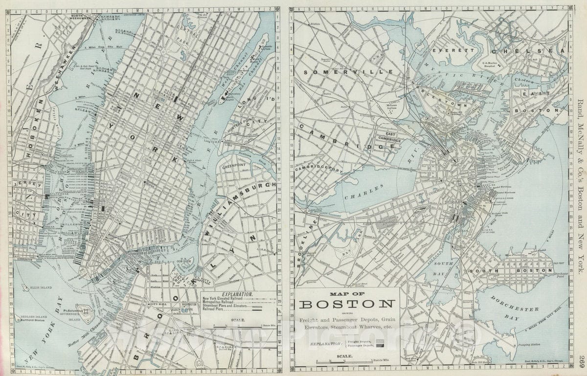 Historic Map : National Atlas - 1889 Boston and New York. - Vintage Wall Art
