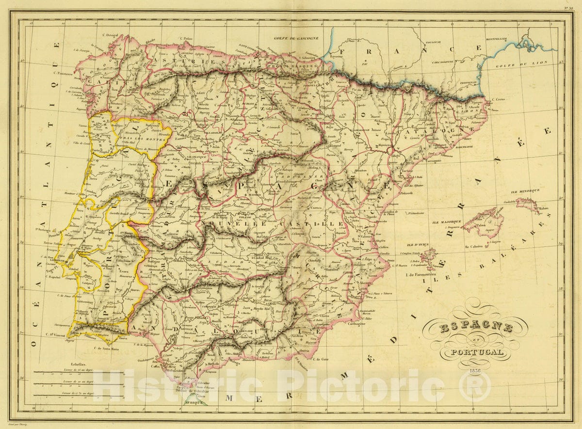 Historic Map : Portugal; Spain, 1837 Espagne et Portugal. v2 , Vintage Wall Art