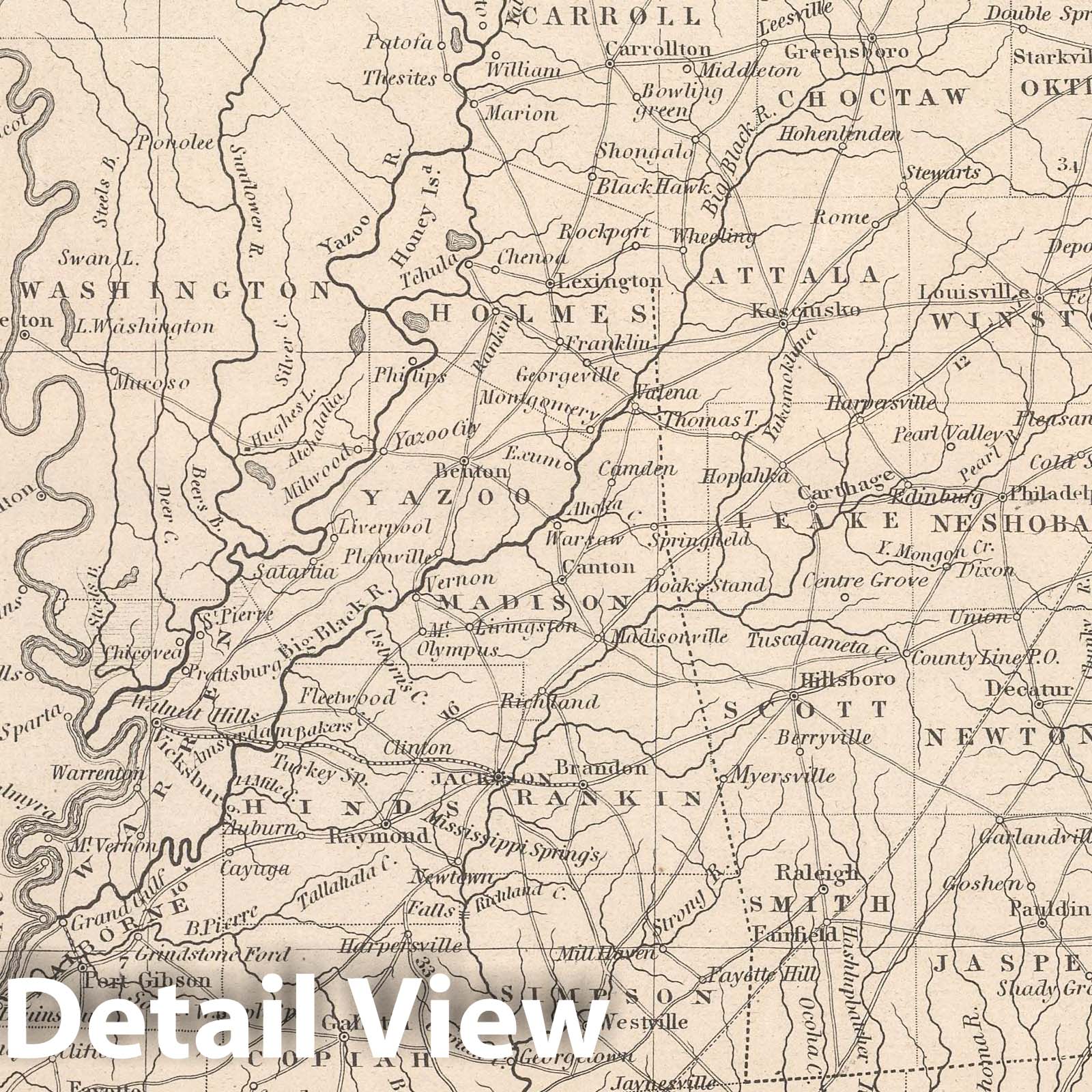 Mississippi with Roads and Distances - Railroad Map, 1848 - Historical Map Print