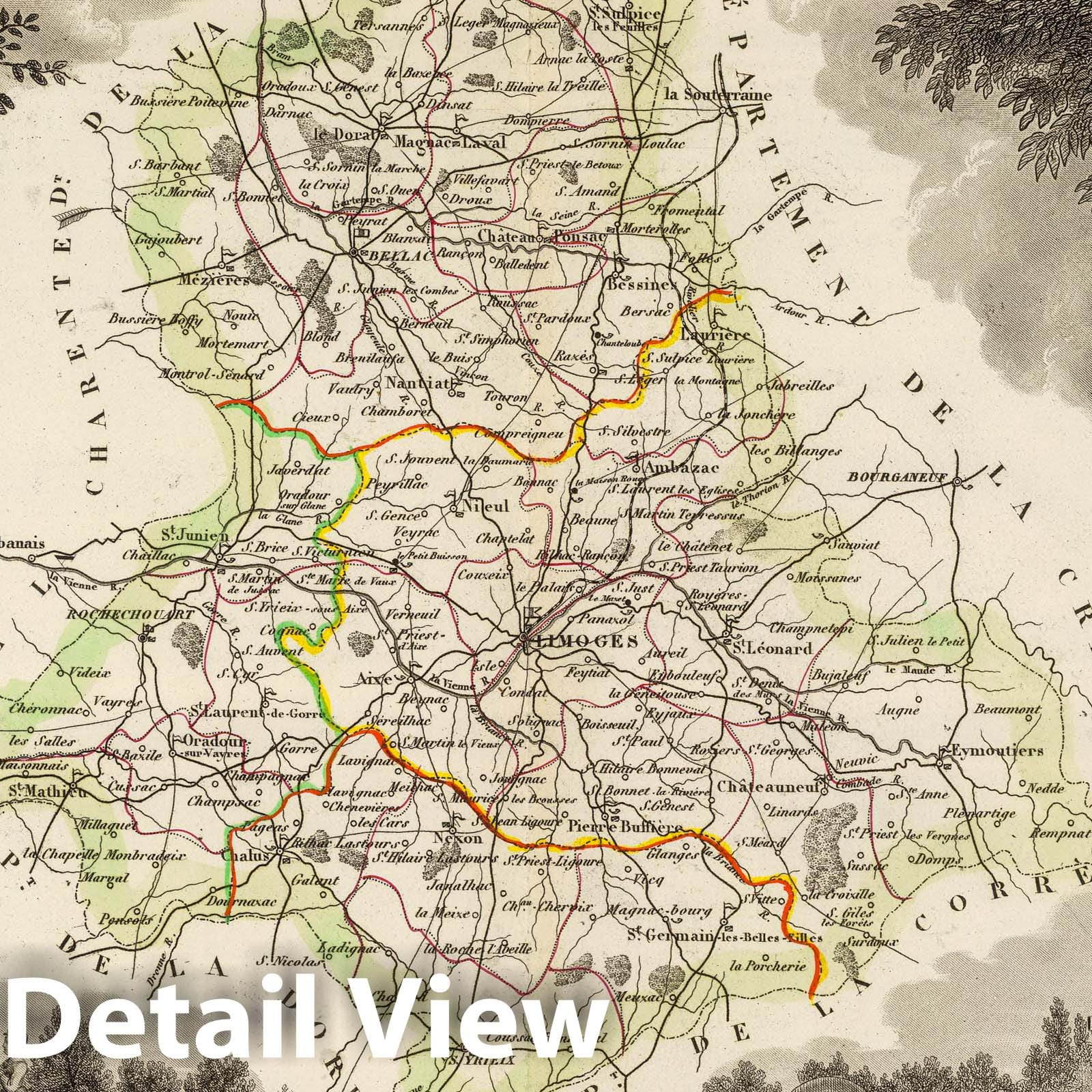 Haute Vienne, France - Road Map, 1856 - Historical Map Print