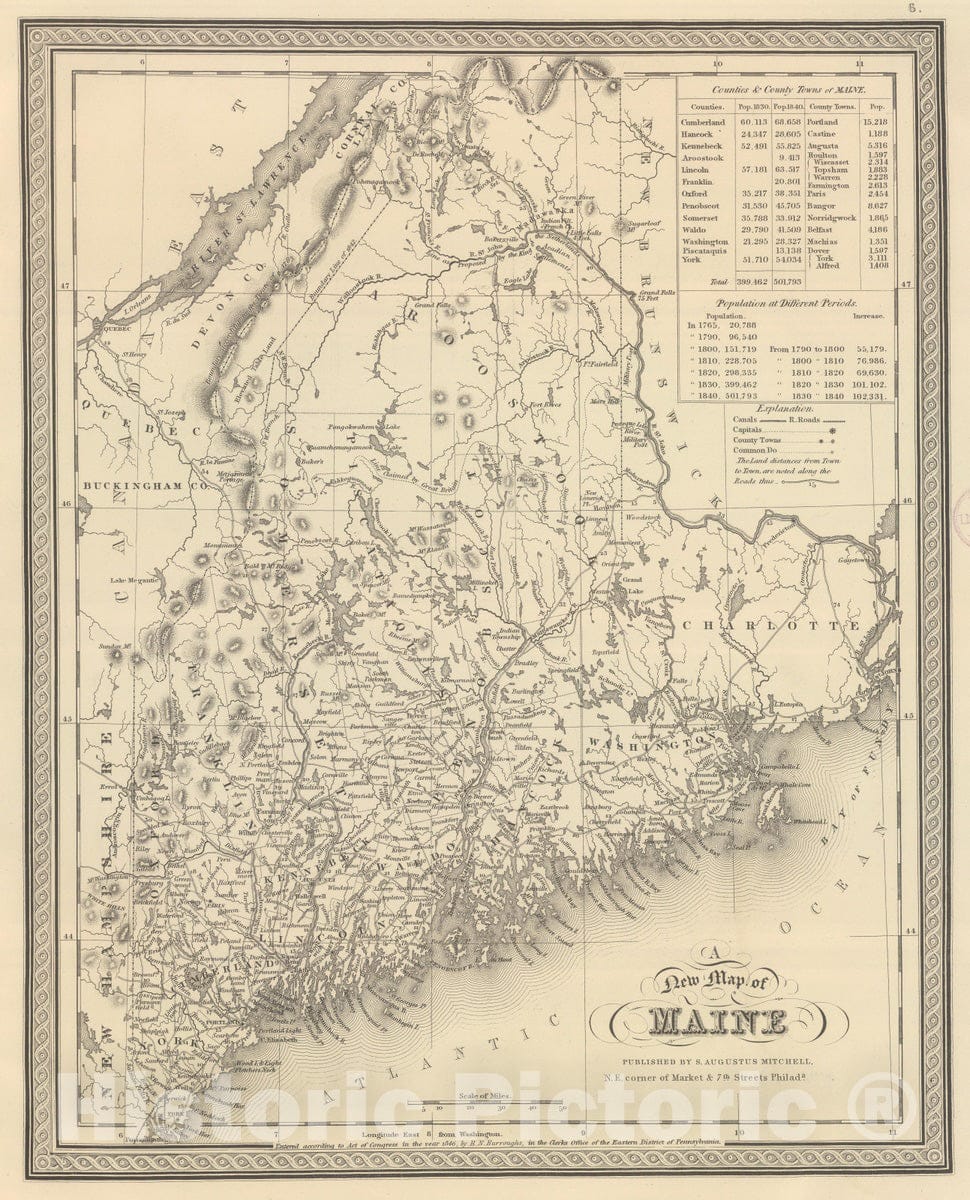 Historic Map : 1848 Maine. v1 - Vintage Wall Art