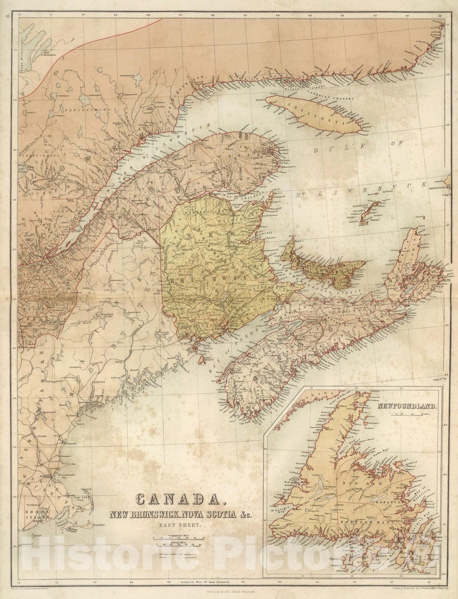 Historic Map : National Atlas - 1856 Canada, New Brunswick, Nova Scotia, c, East Sheet. - Vintage Wall Art