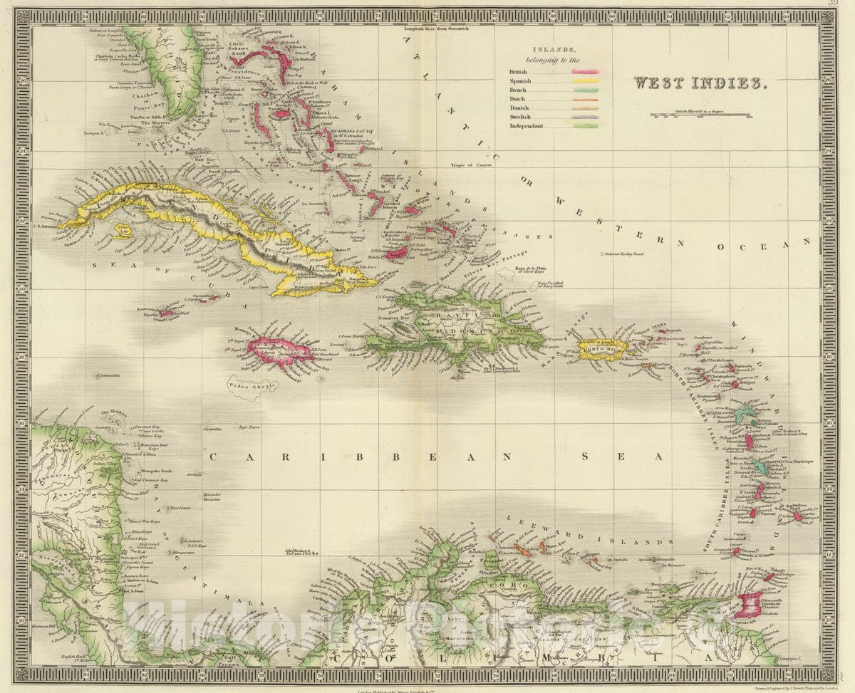 Historic Map : 1844 Map of the West Indies : Vintage Wall Art