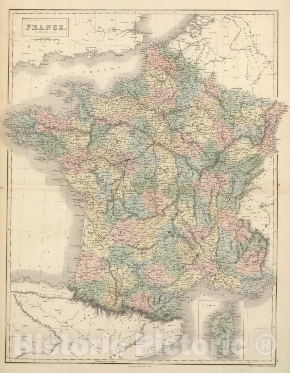 Historic Map : 1854 France In Departments. - Vintage Wall Art