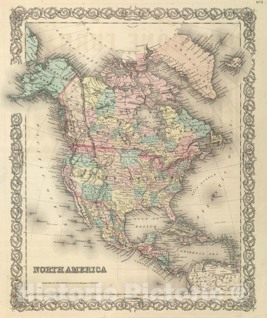 North America - Physical Map, 1857 - Colton's Atlas Historical Map Print
