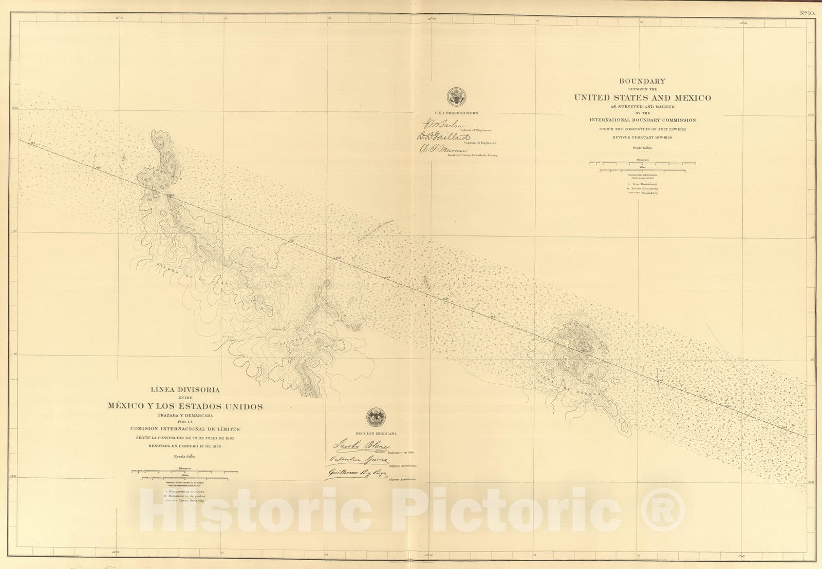 Historic Wall Map : Mexico, Northern Mexico 1901 Linea Divisoria Entre Mexico Y Los Estados Unidos. No. 10. , Vintage Wall Art