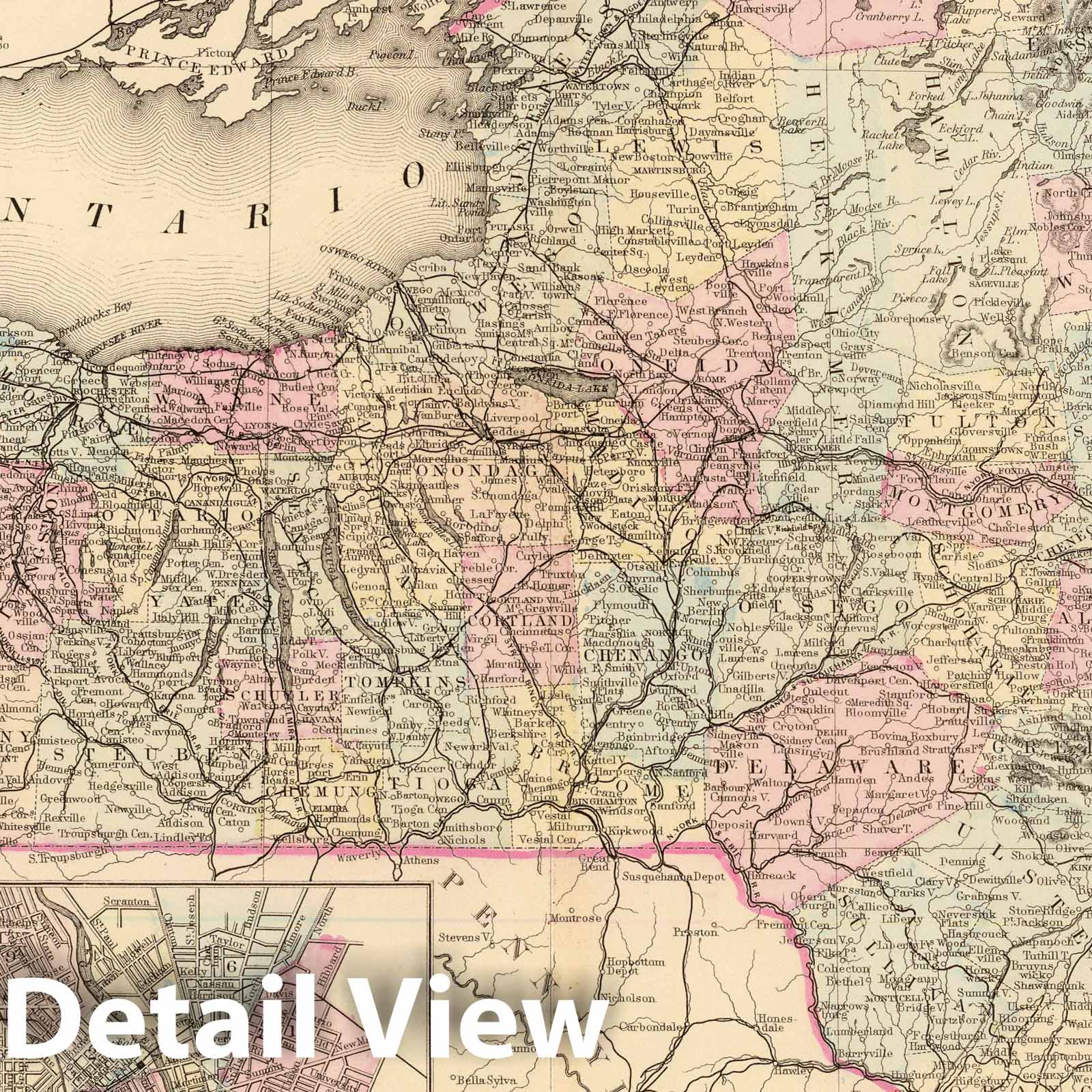 New York State with Buffalo, Rochester, Albany, Troy - Railroad Map, 1880