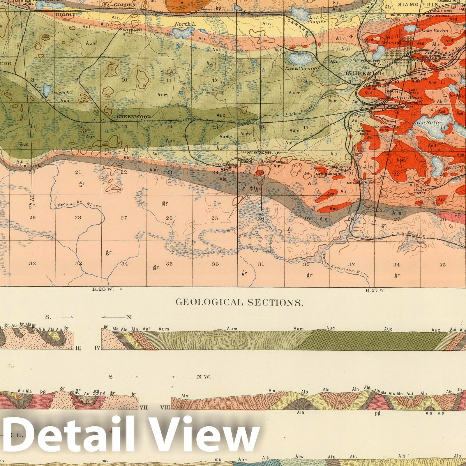 Marquette District, Michigan - Geological Map, 1896