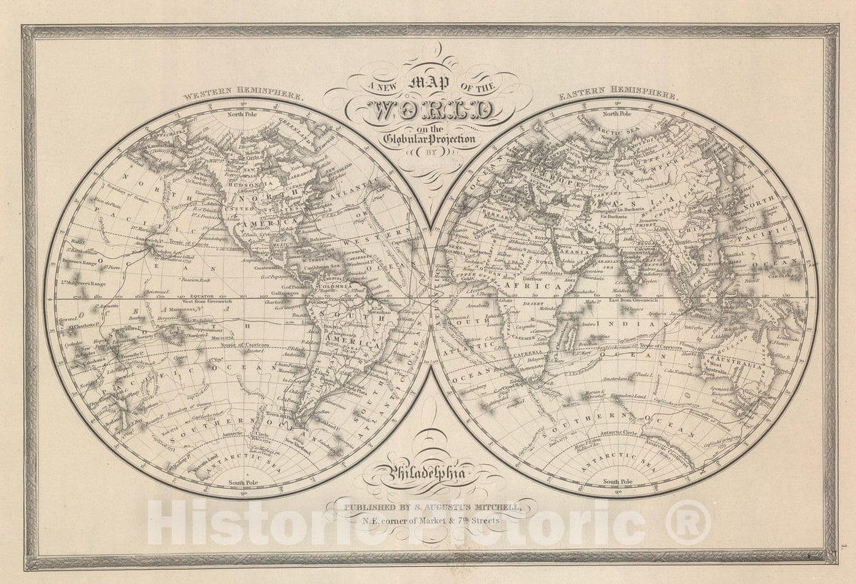 Historic Map : 1848 The World on the Globular Projection - Vintage Wall Art