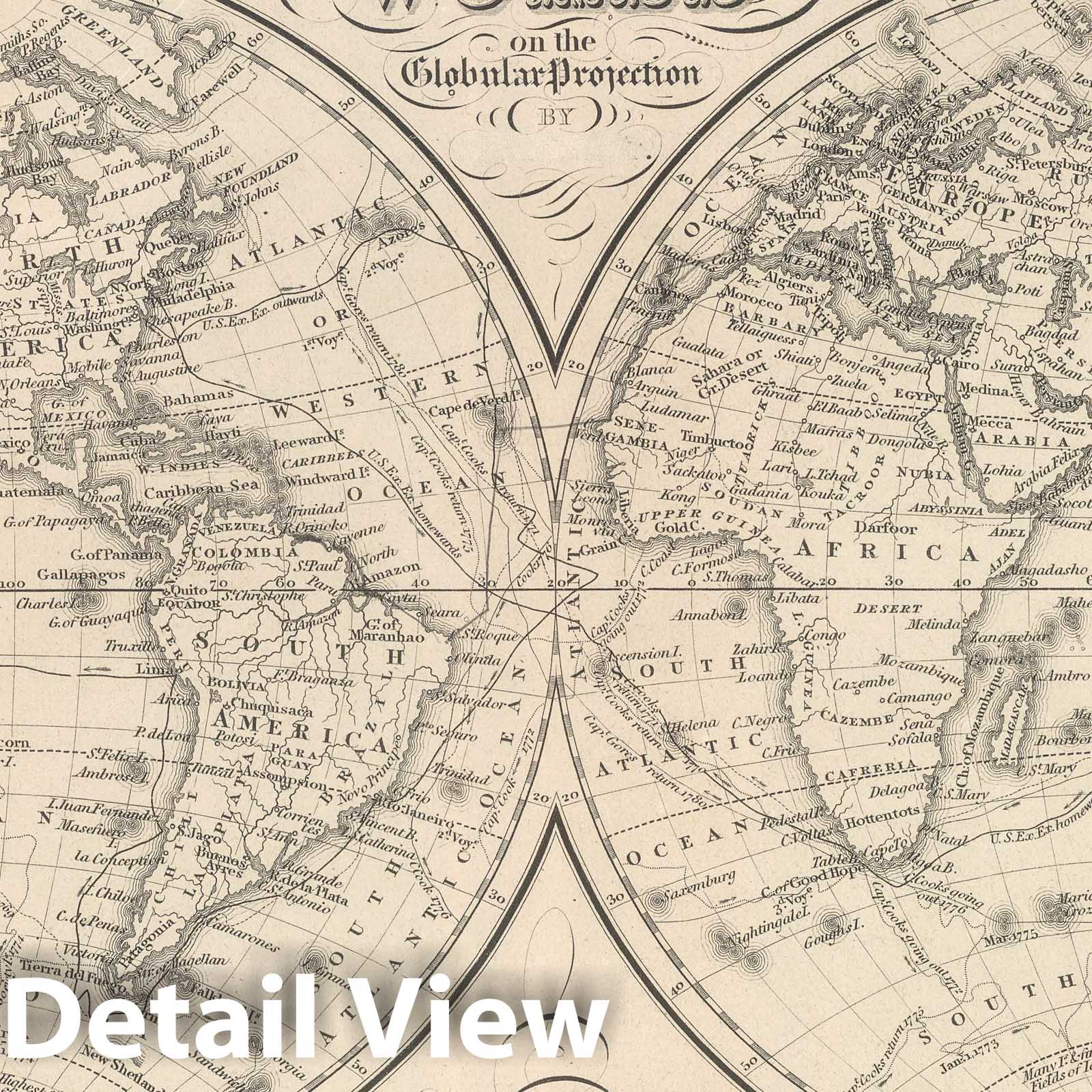 The World on the Globular Projection - River Map, 1848 - Historical Map Print
