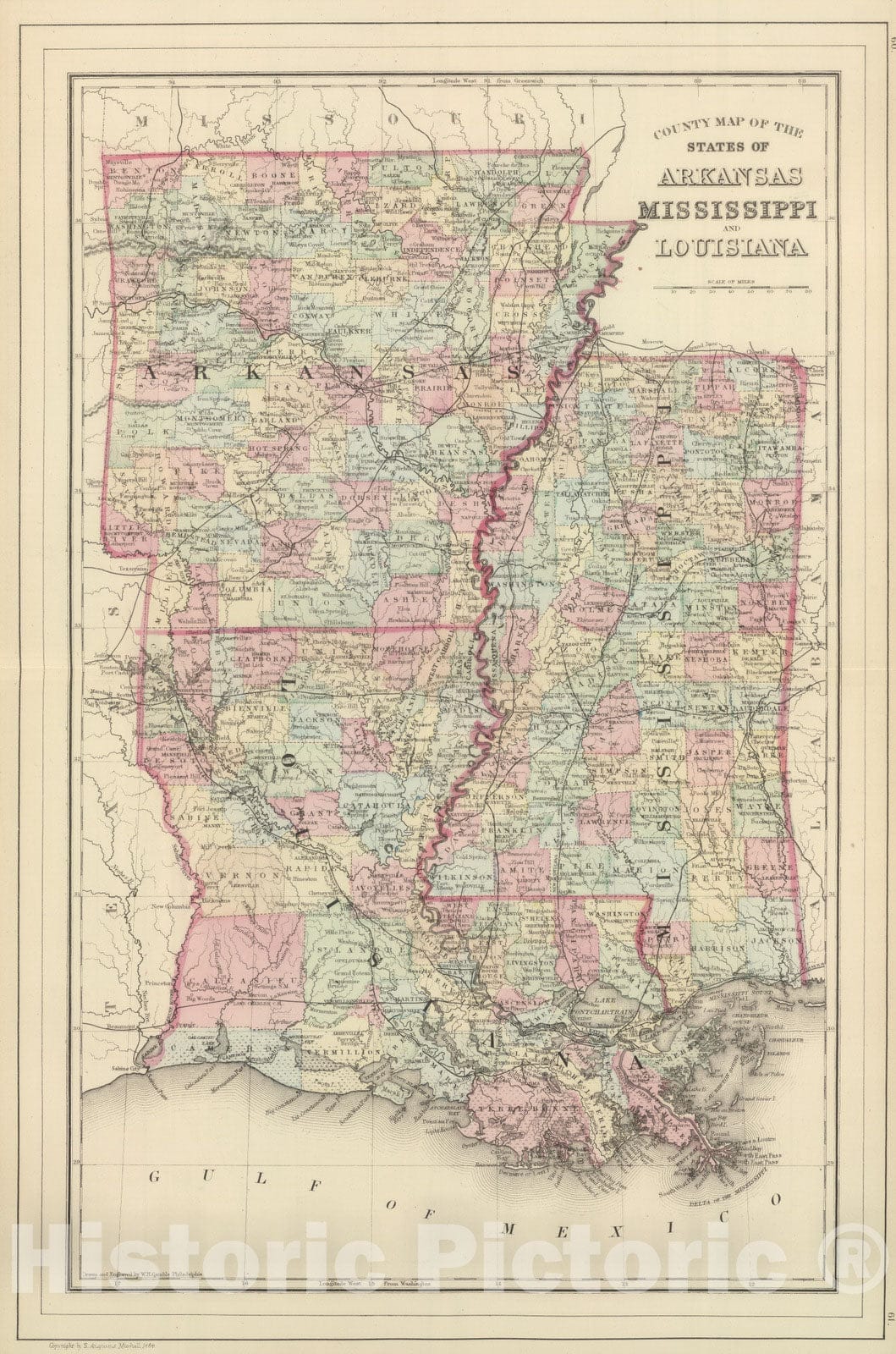 Historic Map : Arkansas, 1884 Ark, Miss, La. , Vintage Wall Art