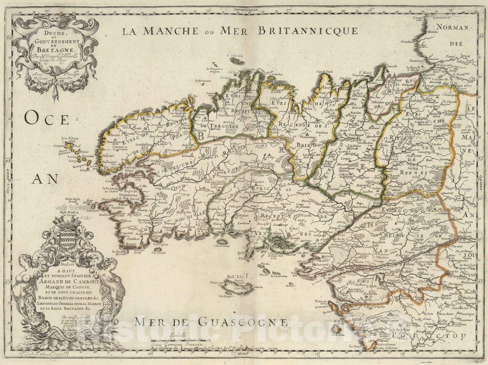Brittany, France 1690 Historical Map Print - Sanson Atlas Plate