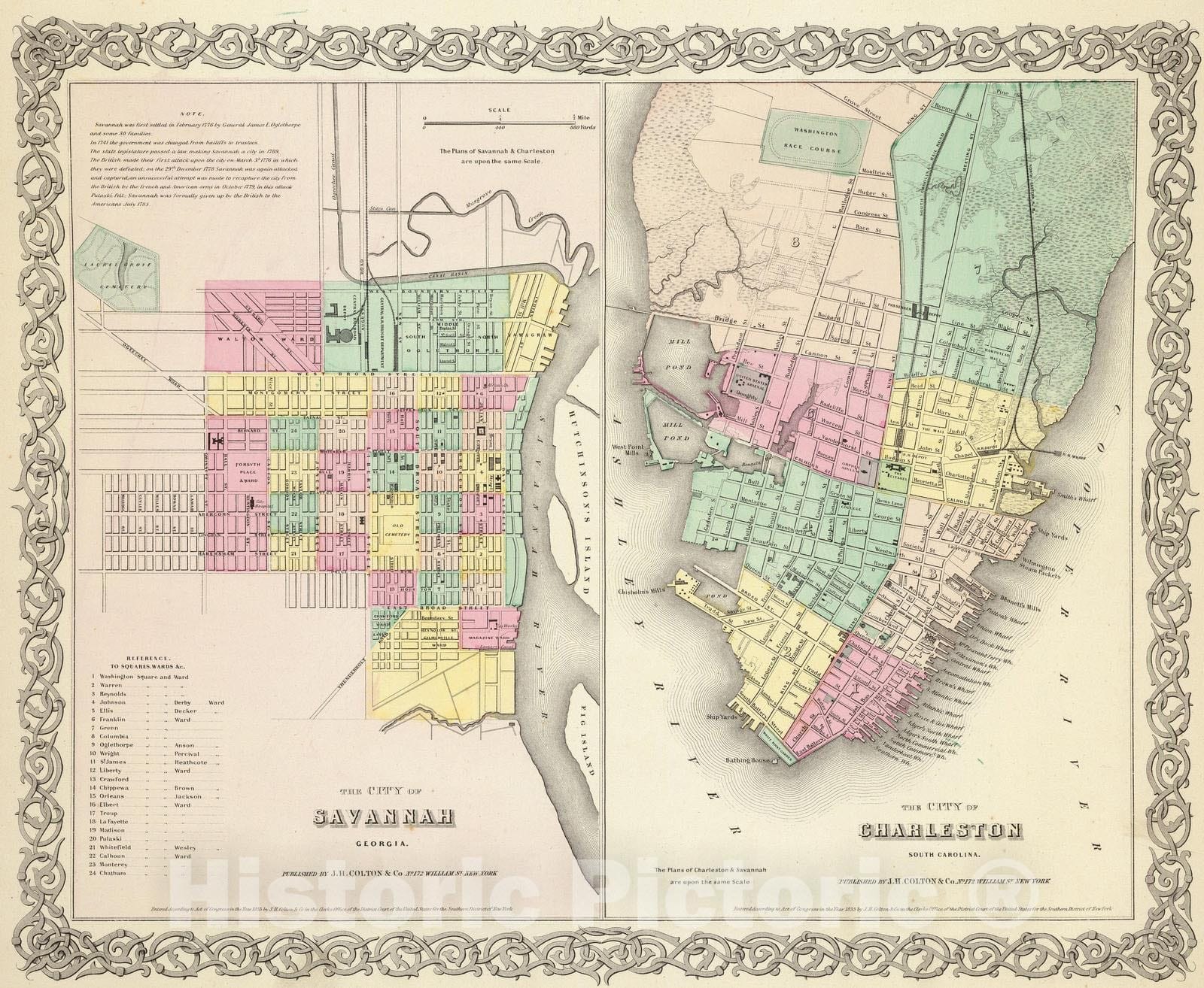 Historic Map : 1856 The City Of Savannah Georgia. (with) The City of Charleston South Carolina. - Vintage Wall Art