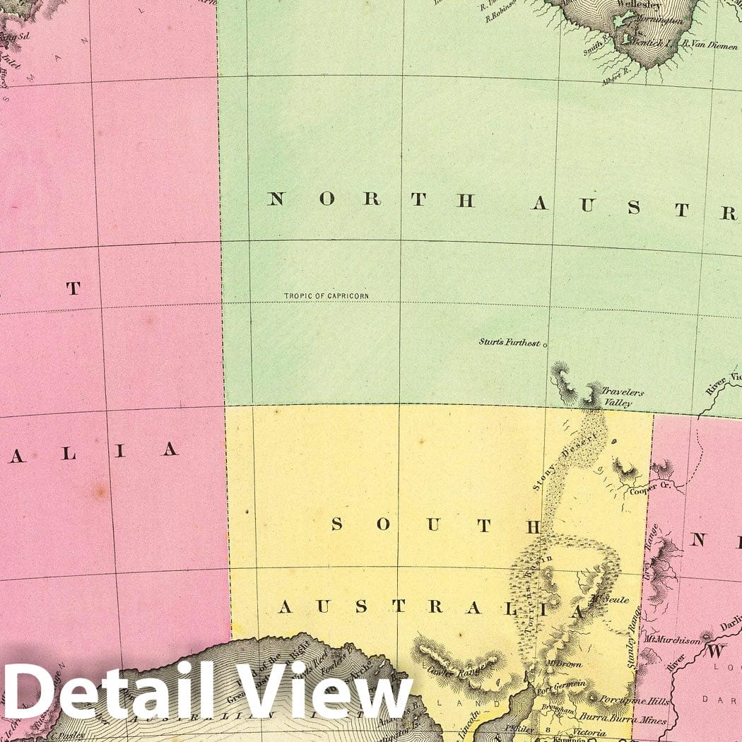 Australia - Physical Map, 1856 - Colton's Atlas Historical Map Print