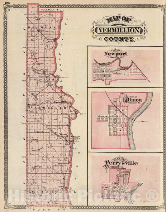 Historic Map : 1876 Map of Vermillion County (with) Newport, Clinton, Perrysville. - Vintage Wall Art