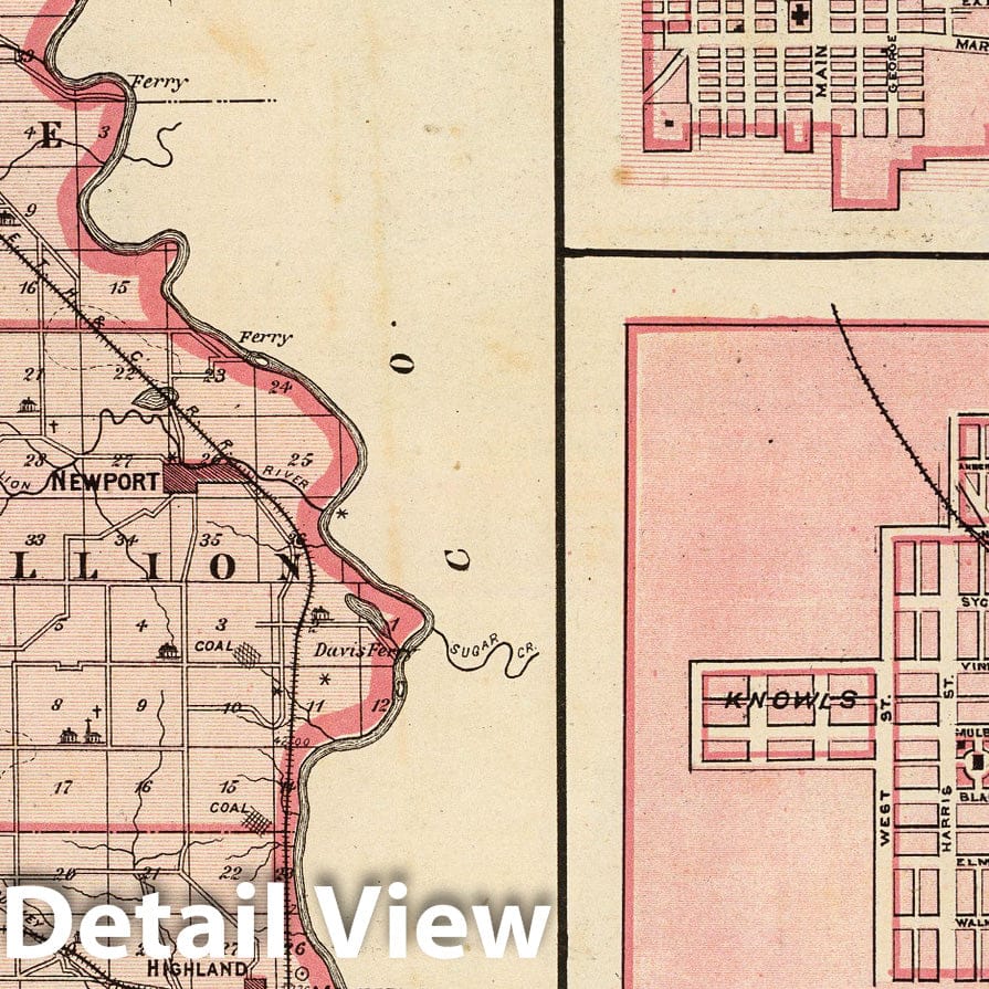 Vermillion County, Indiana with Newport, Clinton, Perrysville - Railroad Map, 1876
