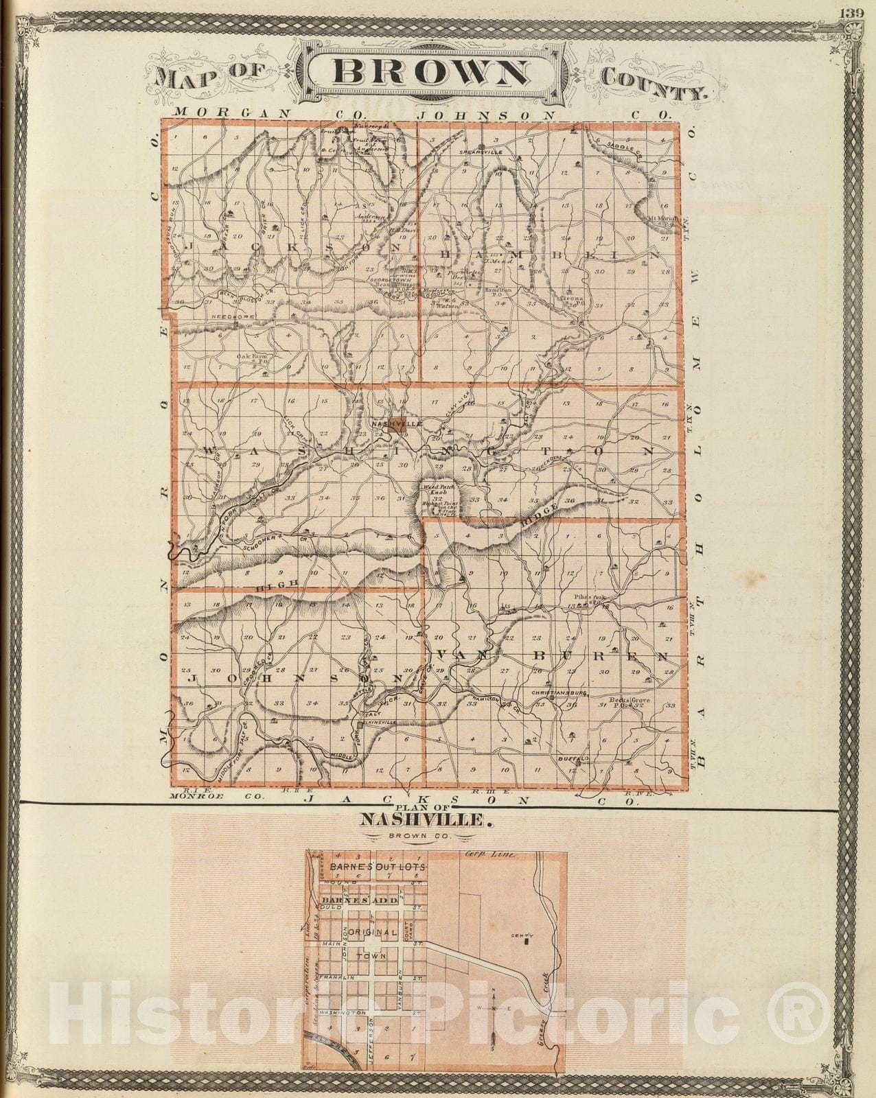 Historic Map : 1876 Map of Brown County (with) Plan of Nashville. - Vintage Wall Art