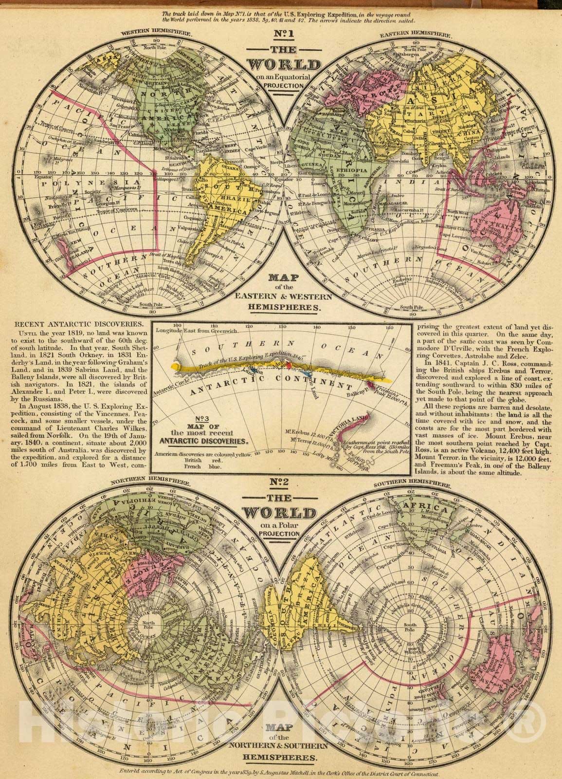 Historic Map : School Atlas - 1847 World. - Vintage Wall Art