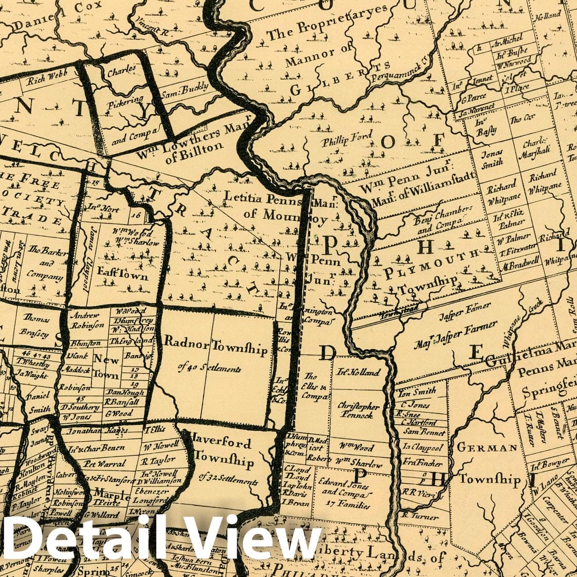 Divisions of Land near Philadelphia, 1730 - Historical Map Print
