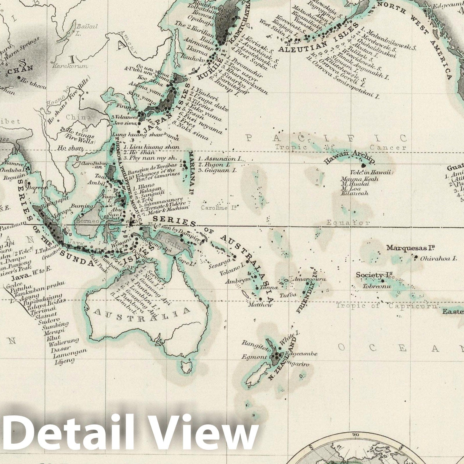 World - Active Volcanoes and Earthquake Regions, 1850 - Historical Map Print