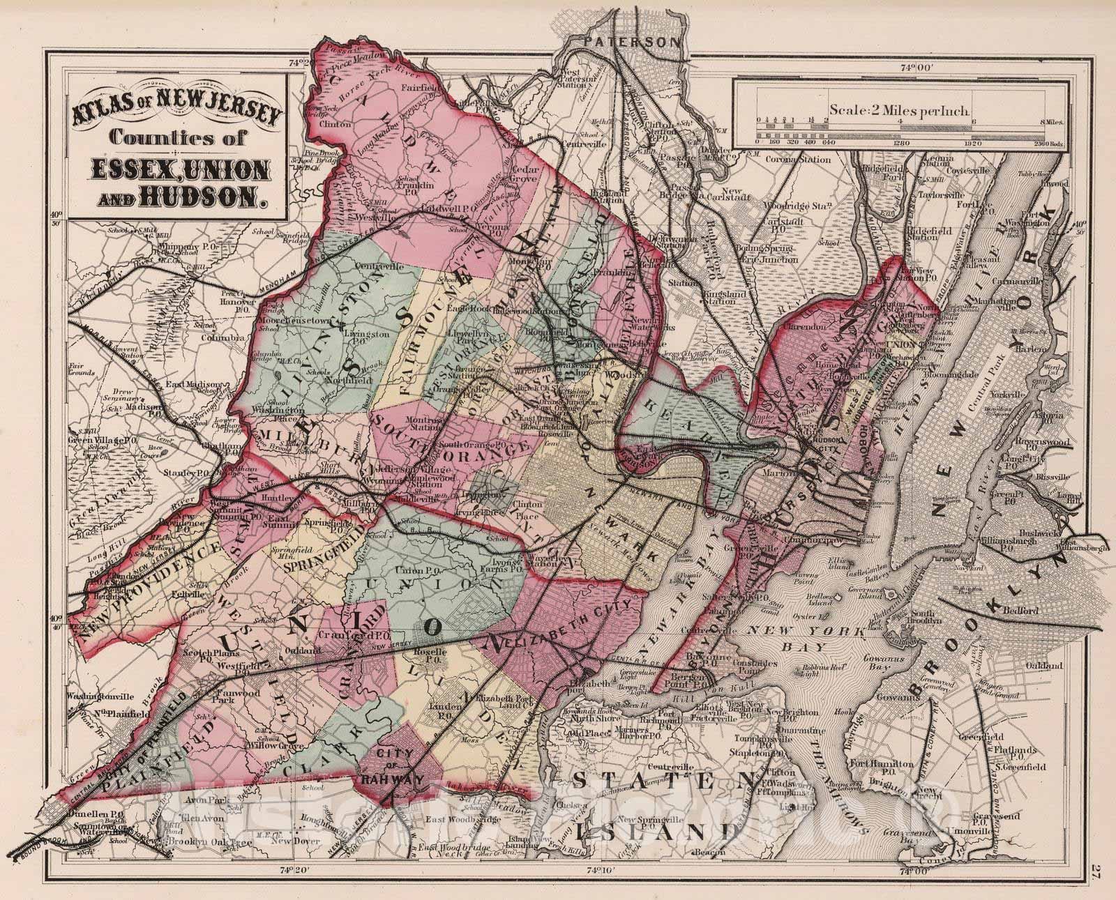 Essex, Union, and Hudson Counties, New Jersey - County Map, 1873