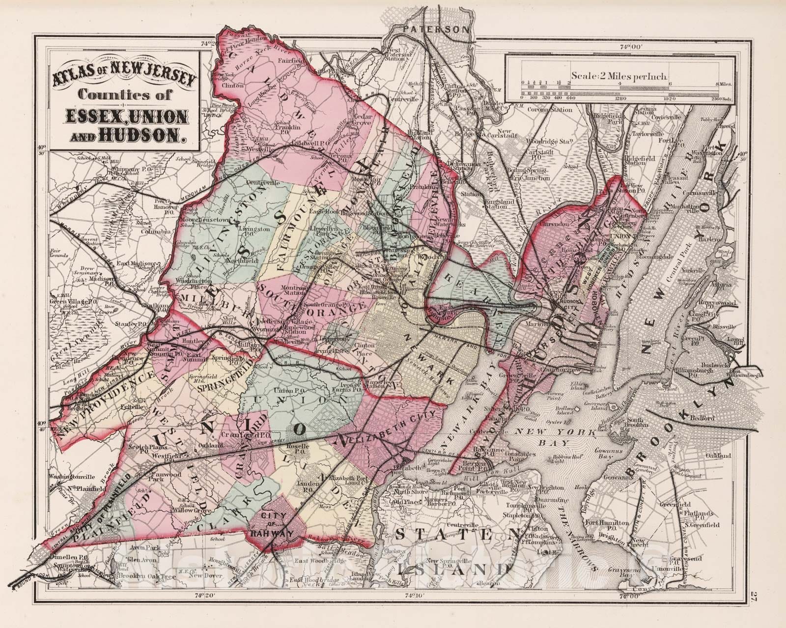 Historic Map - 1873 Atlas of New Jersey, Counties of Essex, Union and Hudson. - Vintage Wall Art