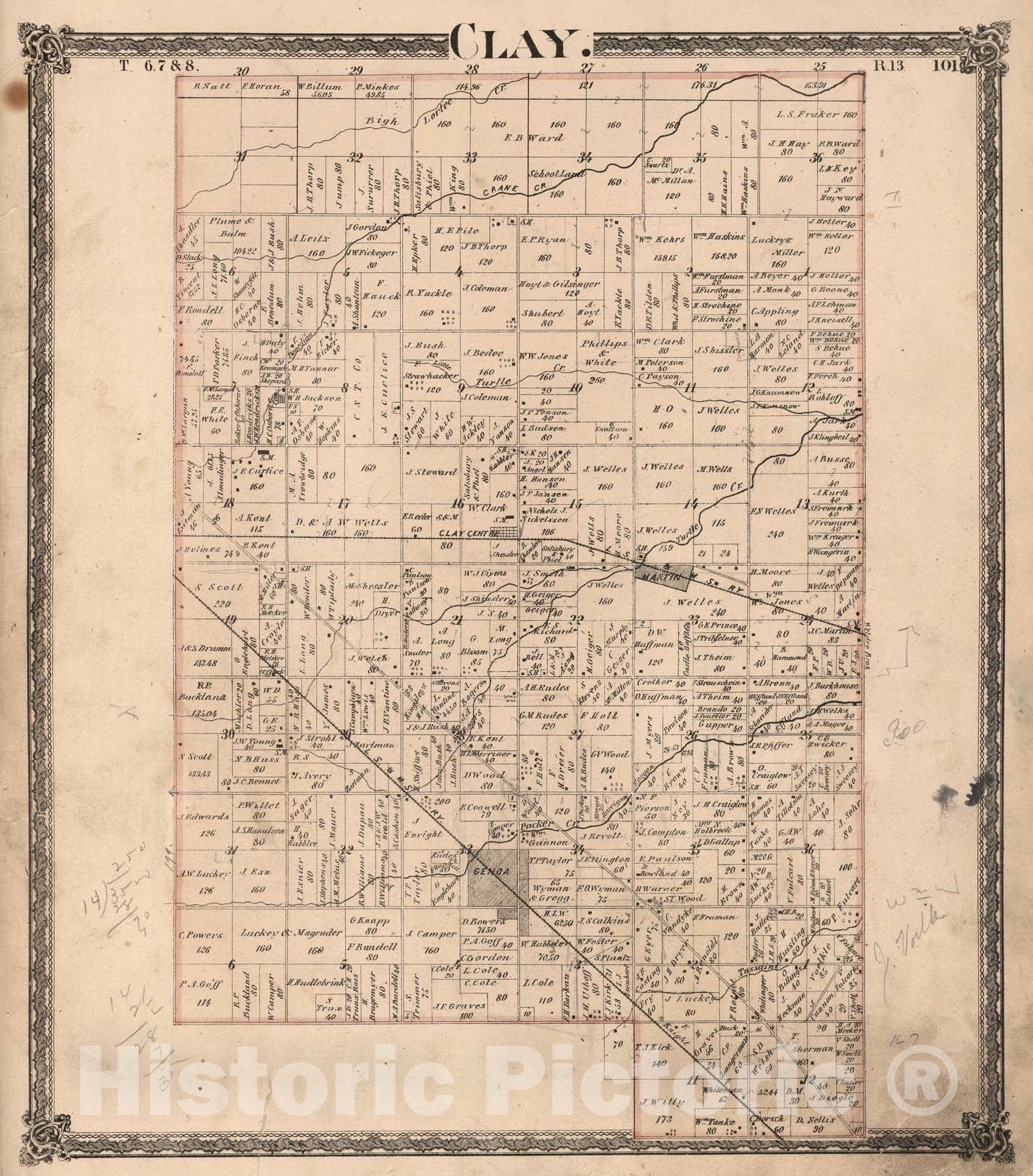 Historic Map : 1874 Clay, Ottawa County, Ohio. - Vintage Wall Art