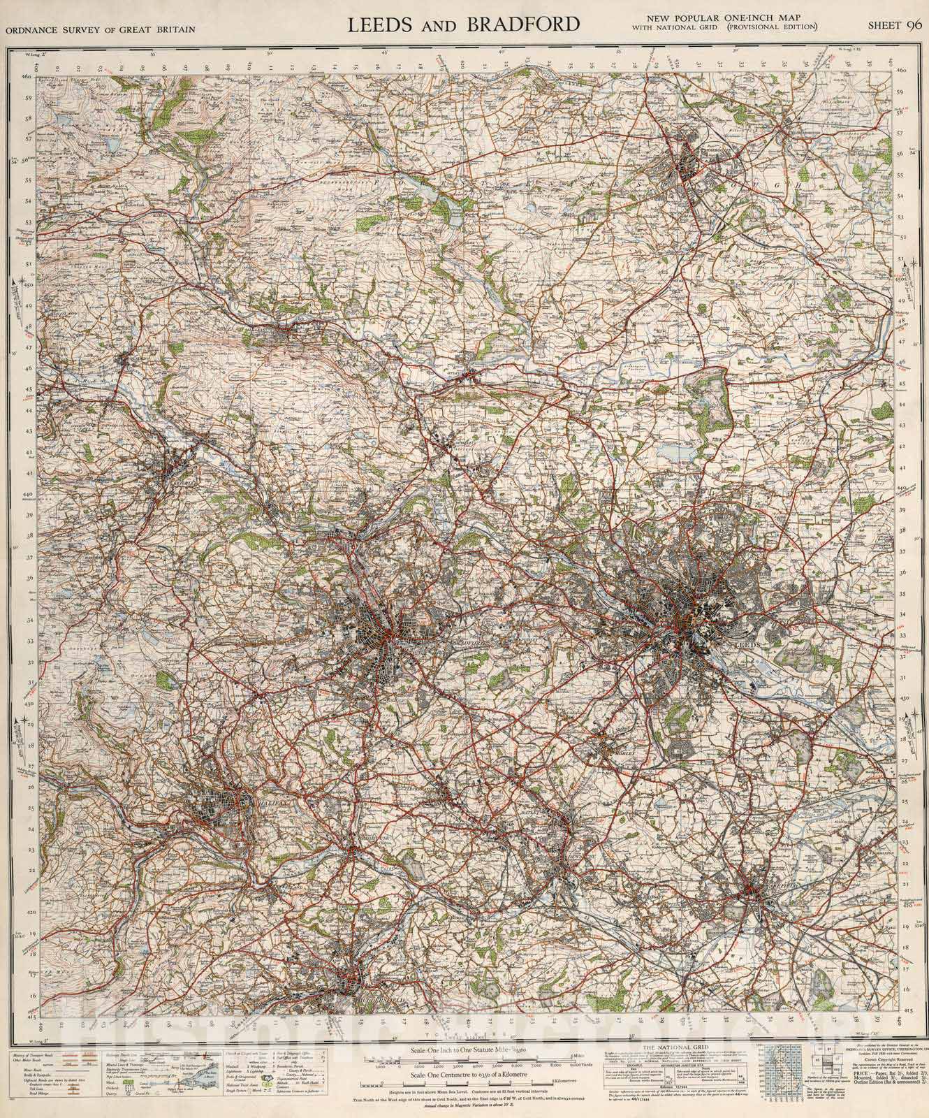 Historic Map : National Atlas - 1947 Sheet 96. Leeds and Bradford. - Vintage Wall Art