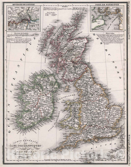Historic Map : England, British Isles 1834 36. Carte Generale des Iles Britanniques. , Vintage Wall Art