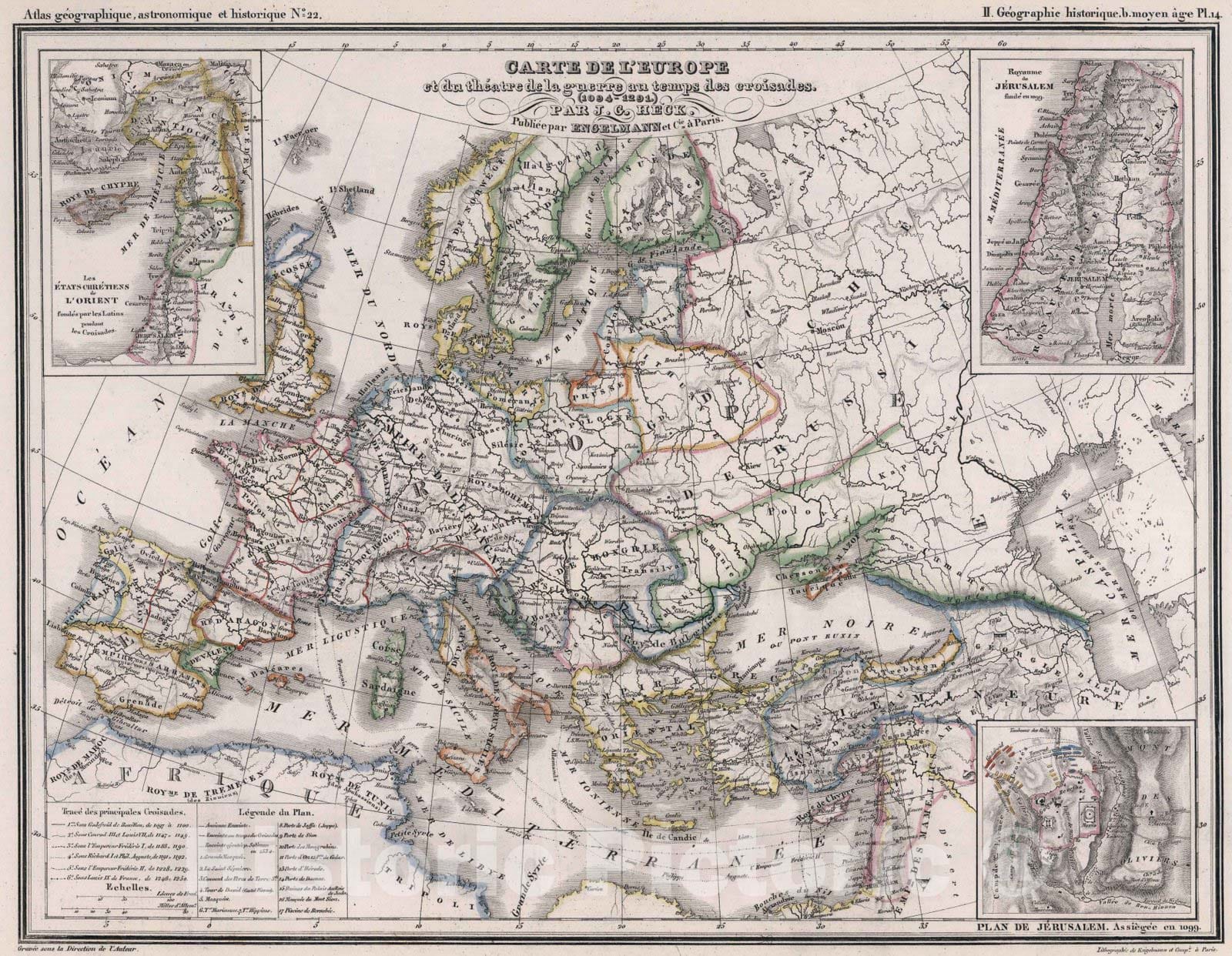 Historic Map : 1834 22. Carte de l'Europe et du theatre de la guerre au temps des croisades (1094-1291). - Vintage Wall Art