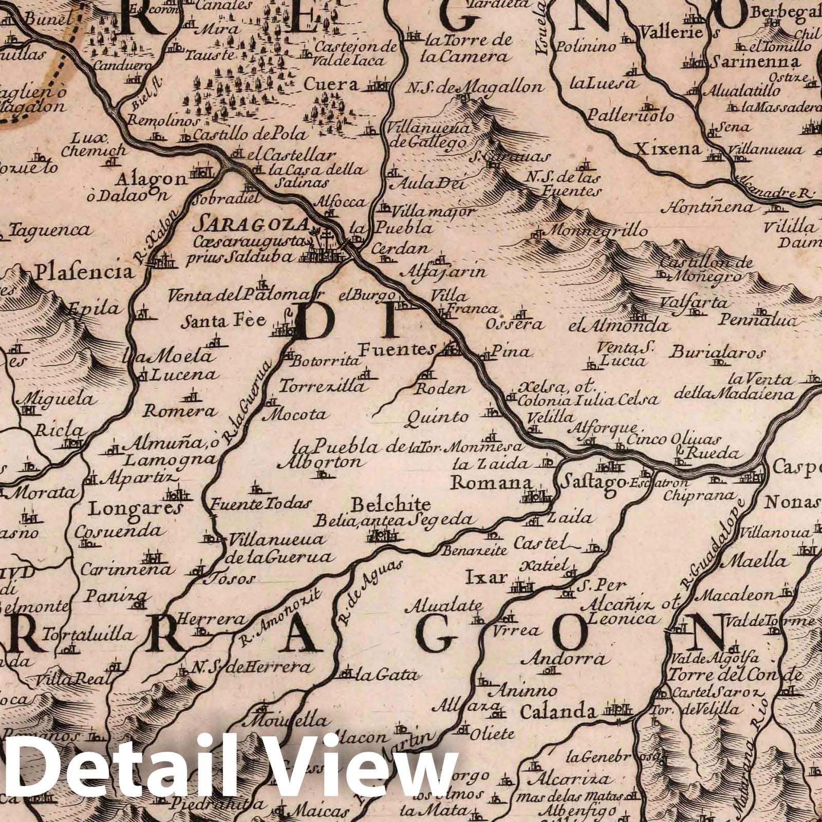 Kingdom of Aragon, Spain - River Map, 1696 - De Rossi Historical Map Print