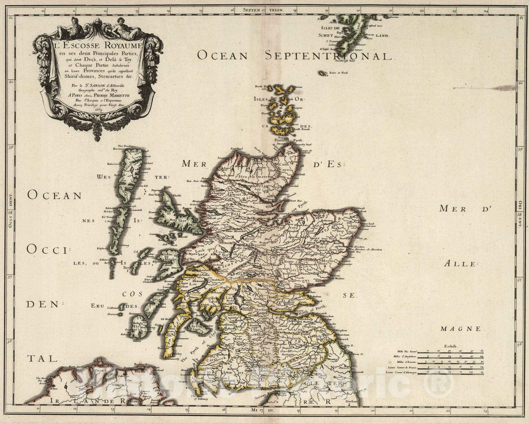Historic Wall Map : 1665 United Scotland - Vintage Wall Art