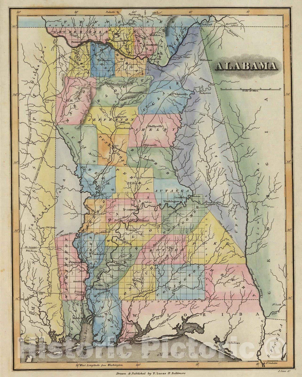 Historic Map : 1823 Alabama. - Vintage Wall Art