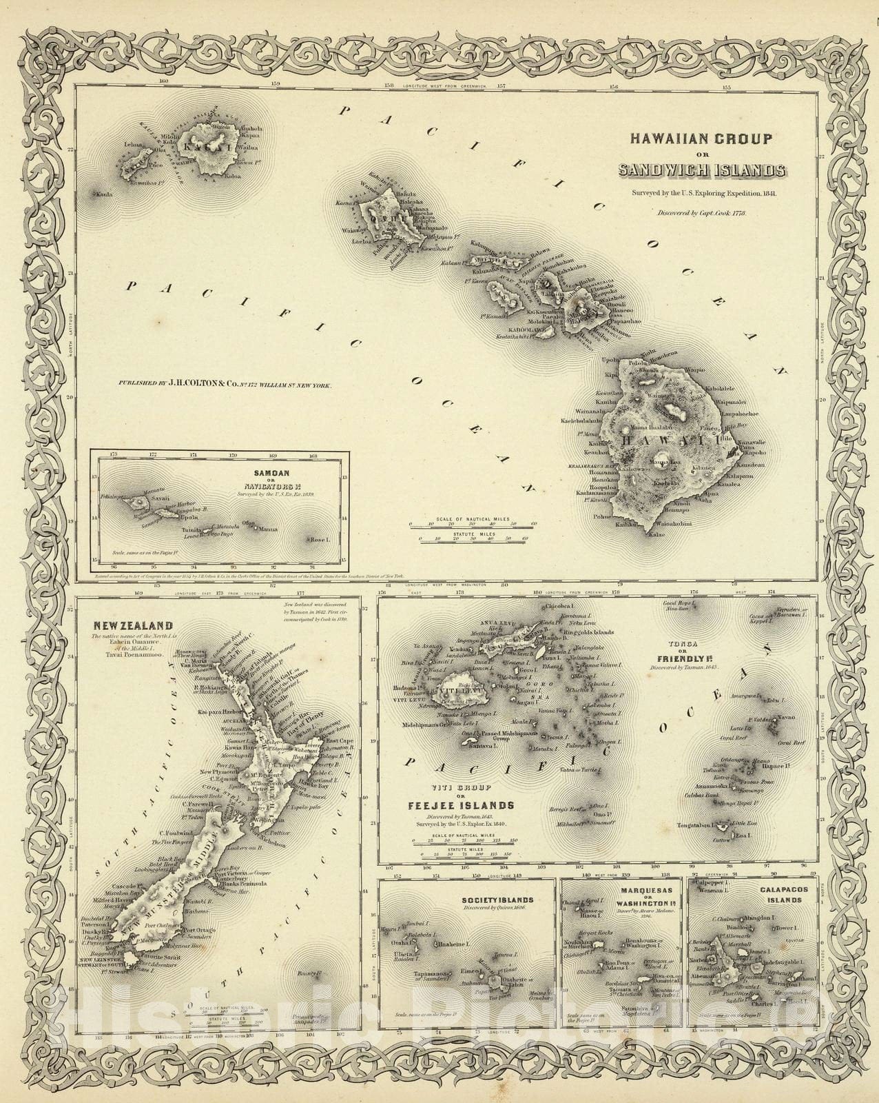 Hawaiian Islands, Samoa, New Zealand, Fiji, Tonga, Society Islands, Marquesas, Galapagos - Physical Map, 1856