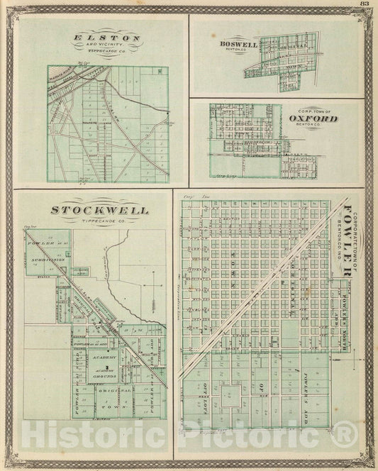 Historic Map : 1876 Corporate Town of Fowler, Benton Co, Ind. (with) Stockwell, Elston and vicinity, Boswell, Oxford. - Vintage Wall Art